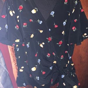 Black floral wrap blouse